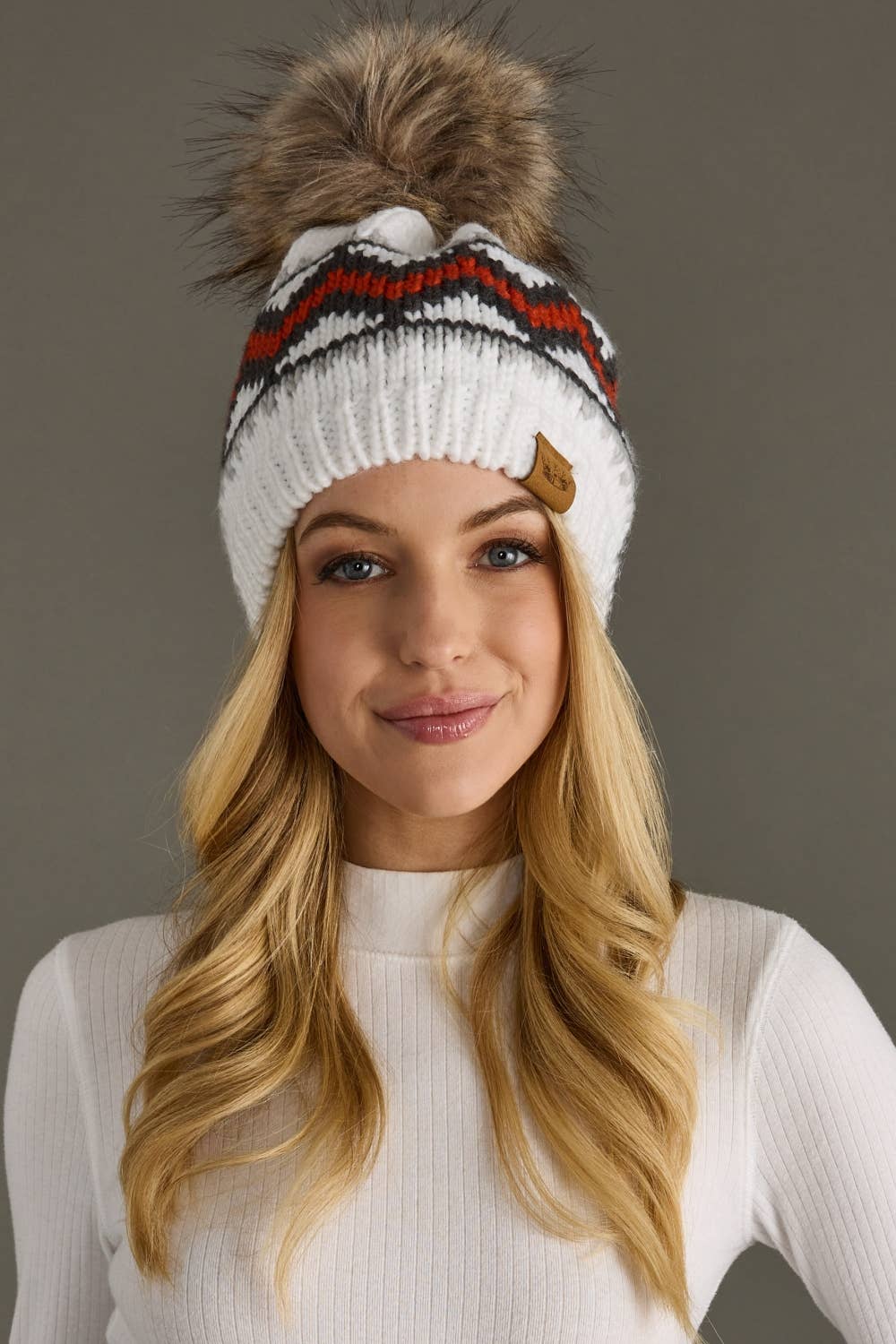 White, Red & Gray Patterned Pom Hat