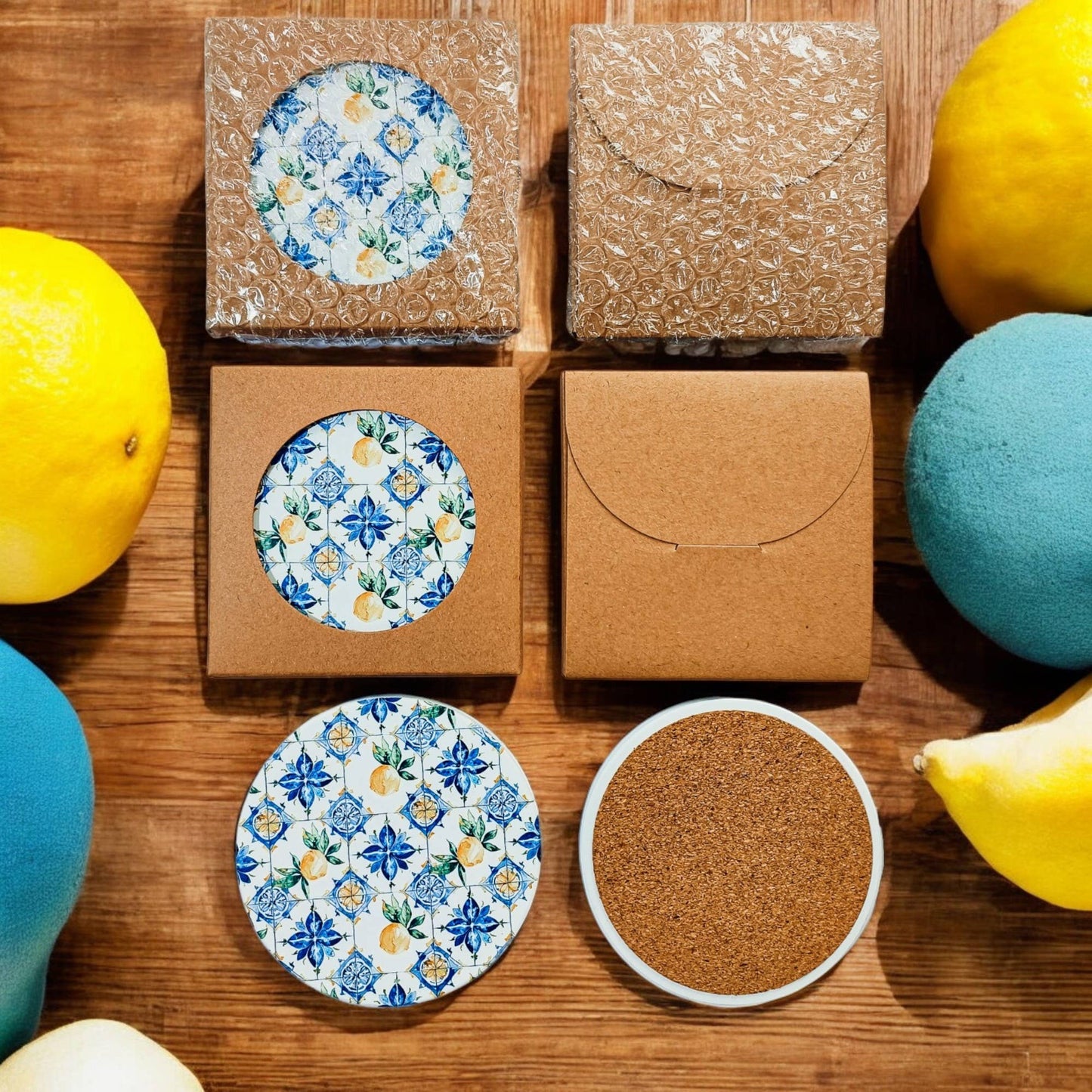Mediterranean Lemon Coasters | Coastal Blue & Yellow Accents