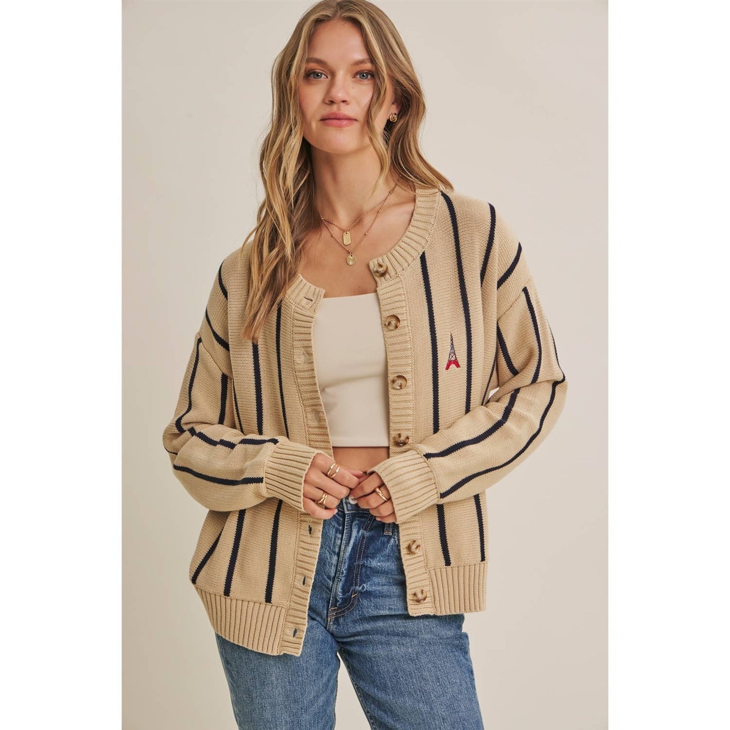 CITY POSTCARD EMBROIDERED STRIPE BUTTON-DOWN CARDIGAN