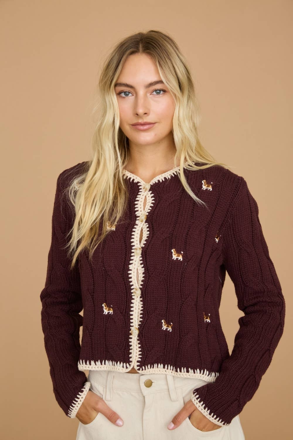 Embroidered Dog Cable Knit Cardigan Sweater Top