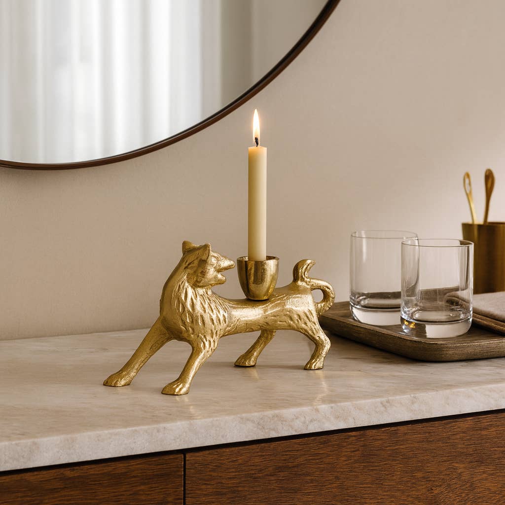Candle Holder - Gold Metal Modern Sleek Fox Taper, 8 in.