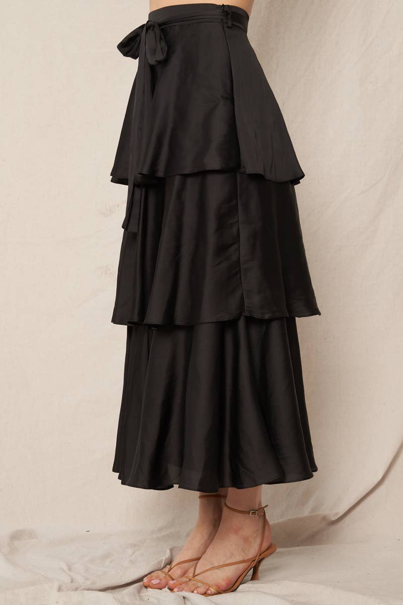 Belted Satin Tiered Midi Skirt - Black
