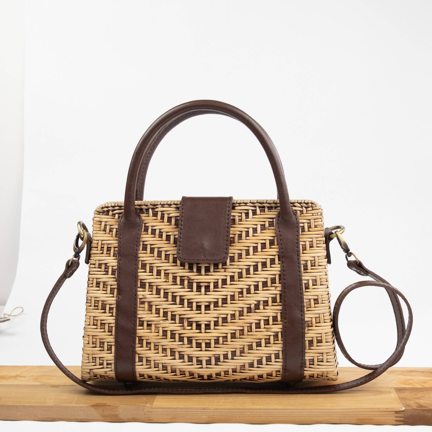 Medium Rattan Handbag with Leather Trim