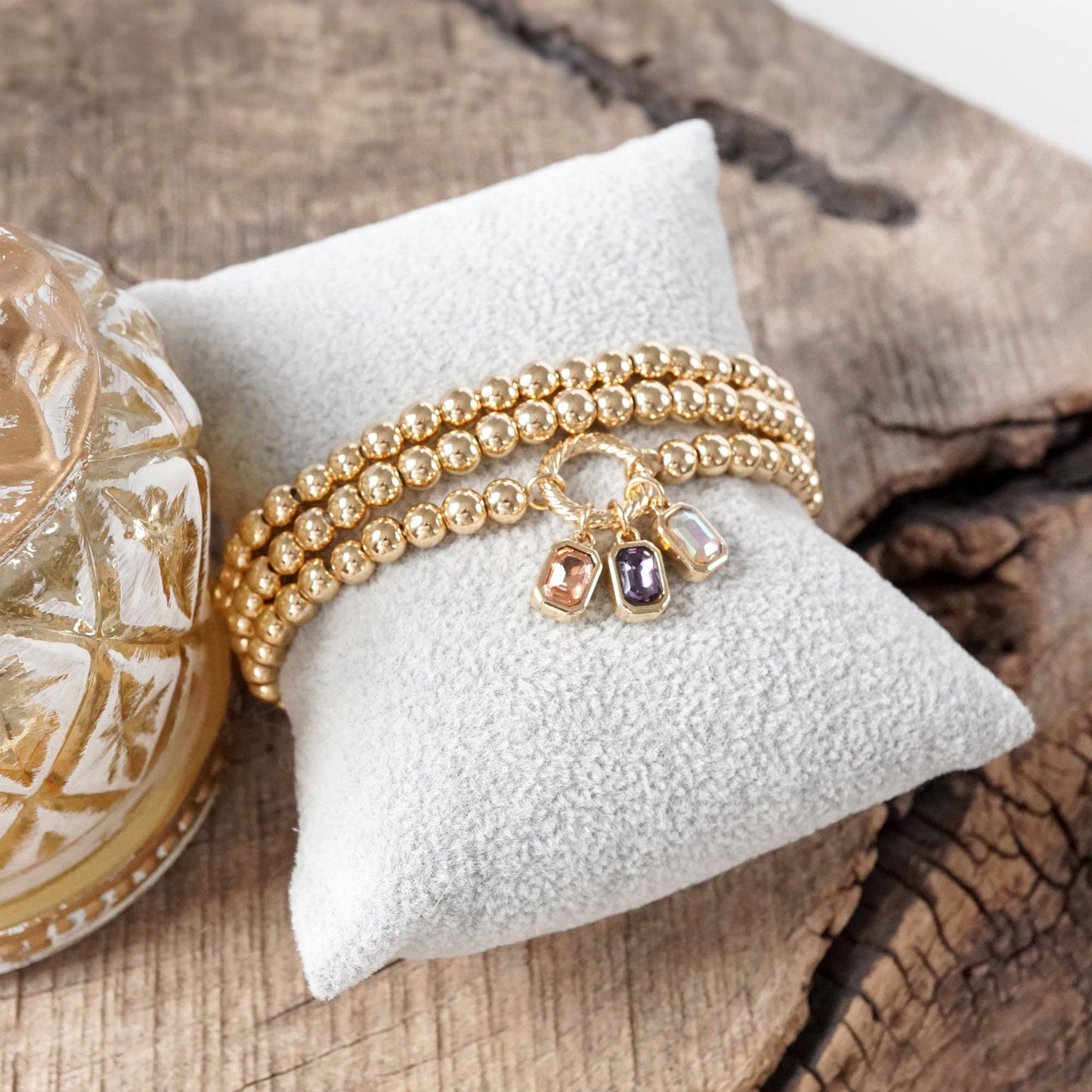 Golden Bead Stretch Bracelet Stack with Baguette Crystals - Set of 3
