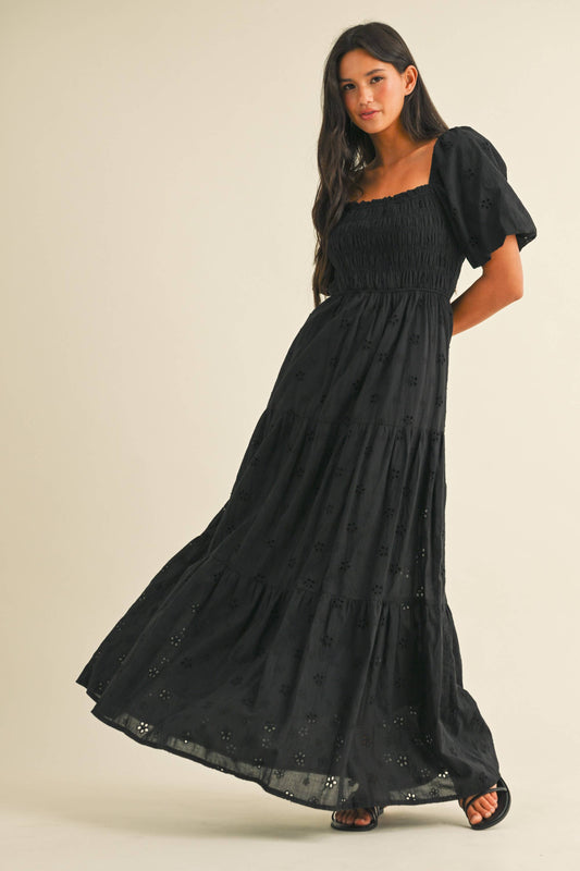 Black Eyelet Smocked Puff Sleeve Midi Dress