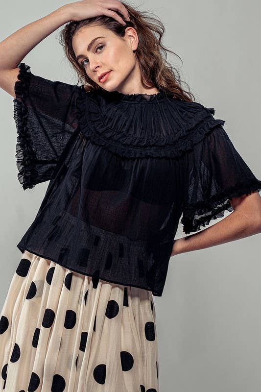 Ruffled Sheer Mock Neck Short Sleeve Blouse