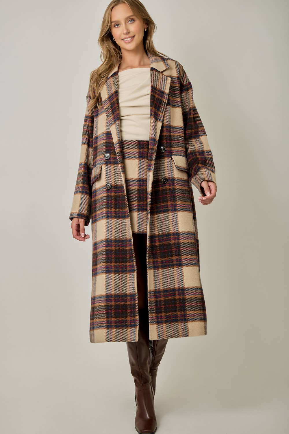 Multi Plaid Wool Blend Long Coat