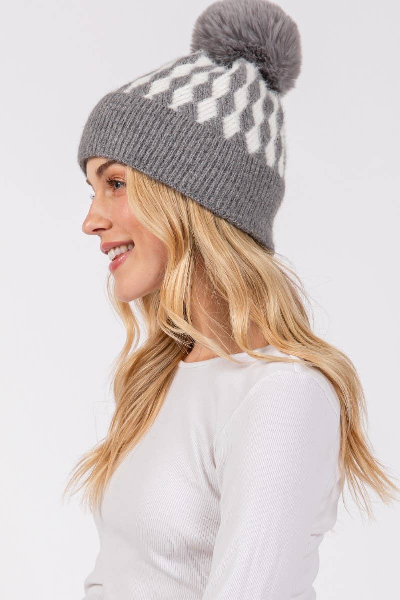 Abstract Diamond Stripe Knit Pom Pom Beanie