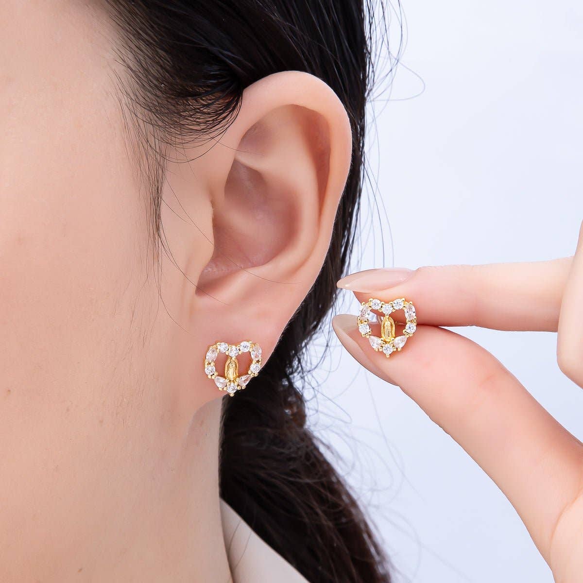 Paved CZ Open Heart Religious Stud Earrings