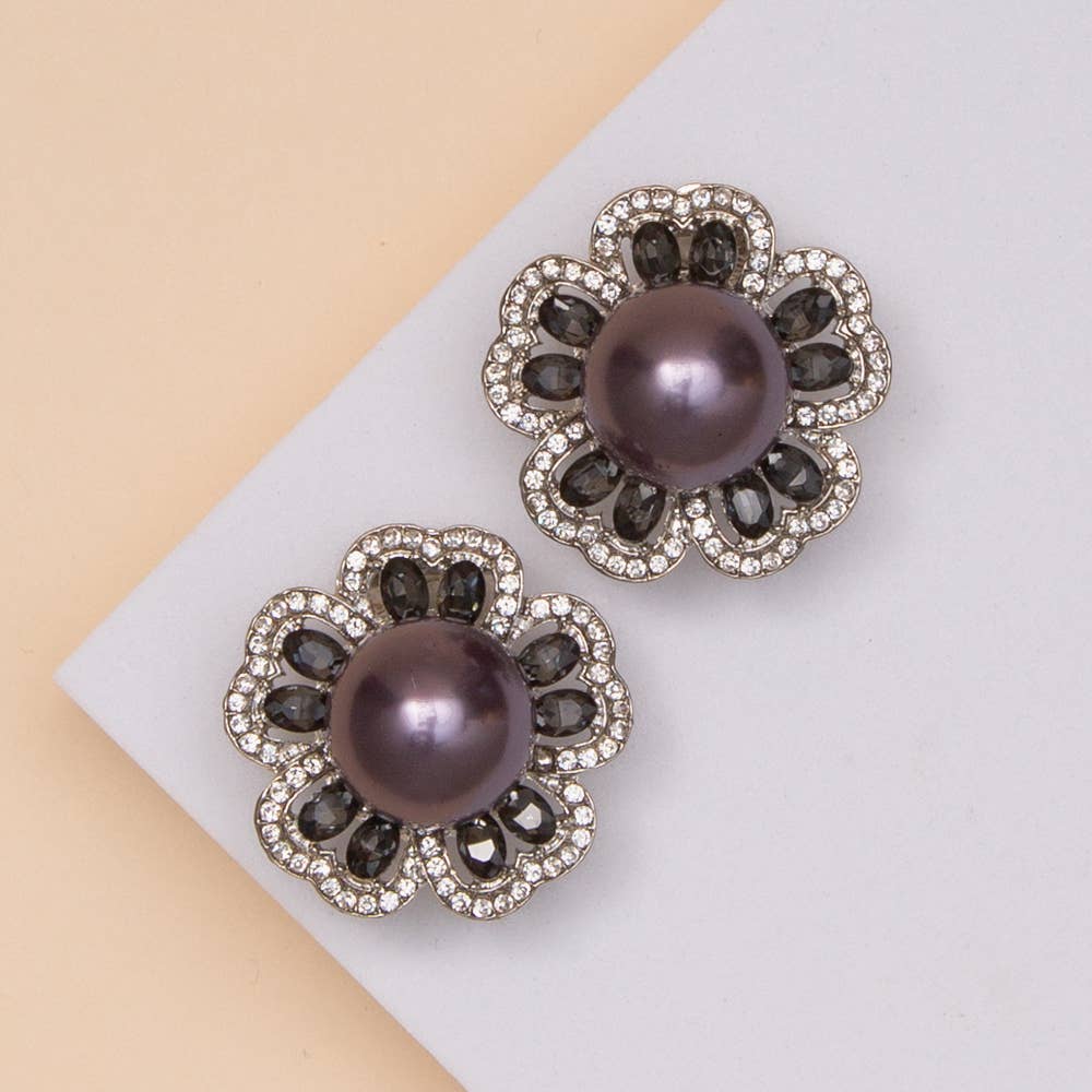 Pearl Crystal Flower Clip-On Earrings with Rhinestone Accent