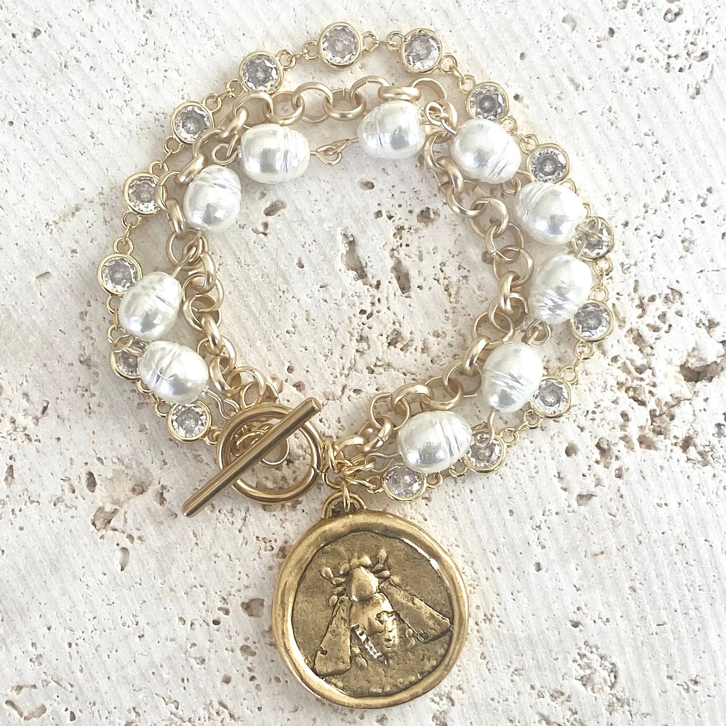 Bee and Crown Coin Triple Layer Bracelet - Gold