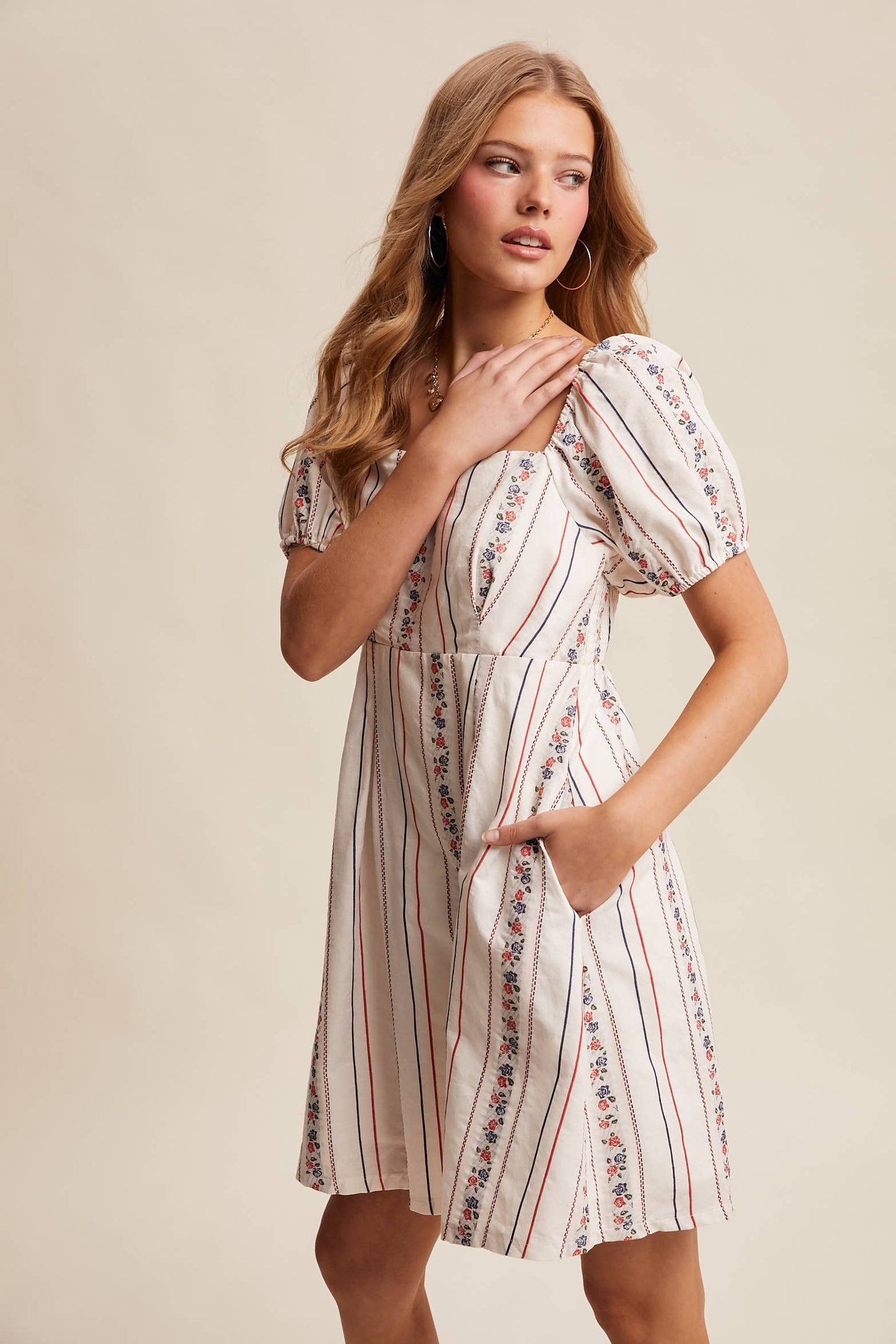 Floral Stripe Puff Sleeve Dress
