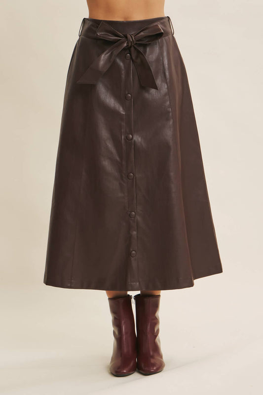 SOPHISTICATED VEGAN FAUX LEATHER BELTED MIDI SKIRT