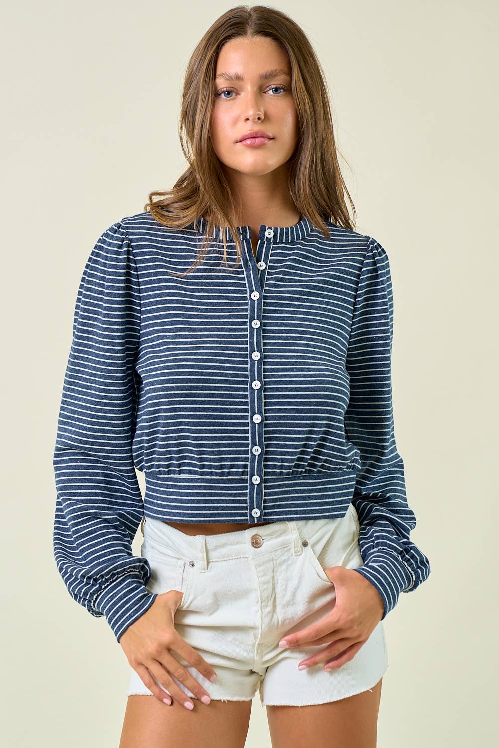 STRIPED KNIT BUTTON FRONT BLOUSON TOP
