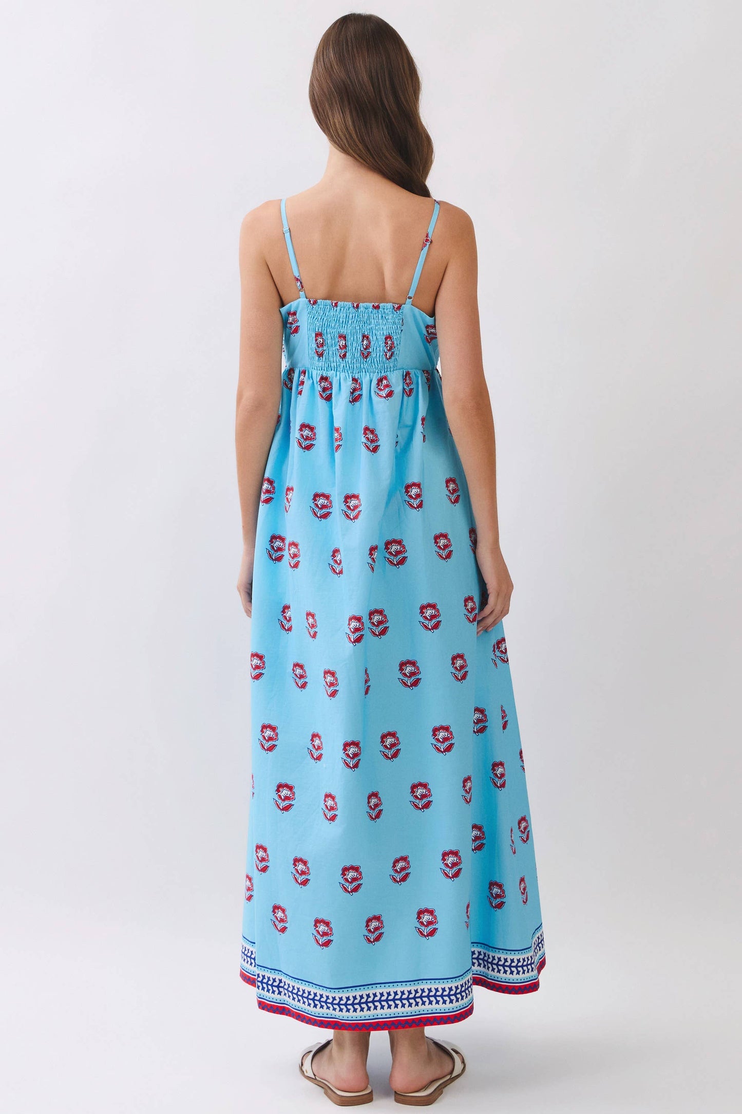 Floral Print Smocked Back Side Pockets Maxi Dress