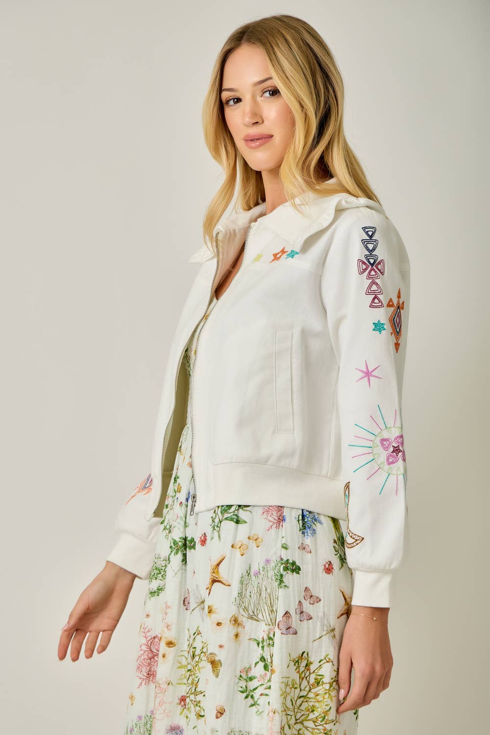 Embroidered Blouson Jacket with Star Detail - Vintage White