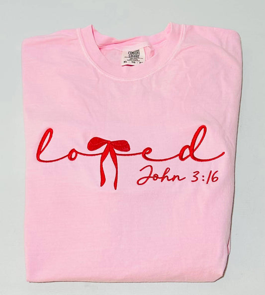 Loved John 3:16 Preppy Embroidered Comfort Color T-Shirt