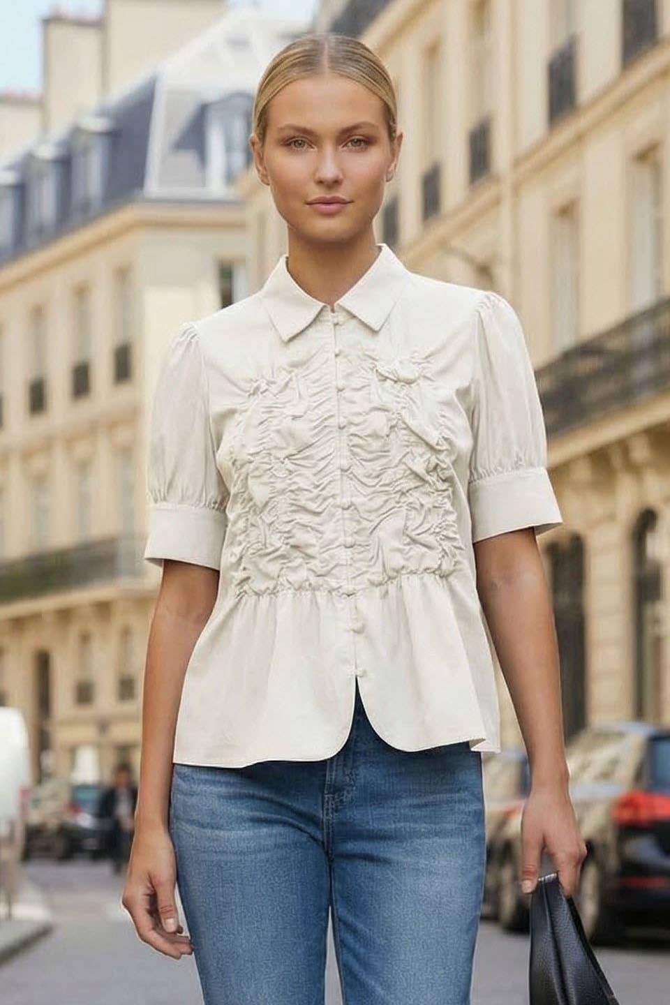 Off white button-up blouse with ruched front panel and puff sleeves