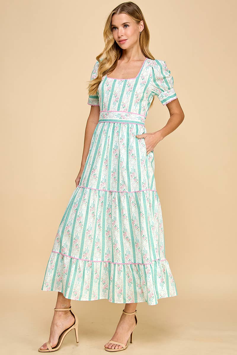 Pastel Floral Stripe Puff Sleeve Midi Dress