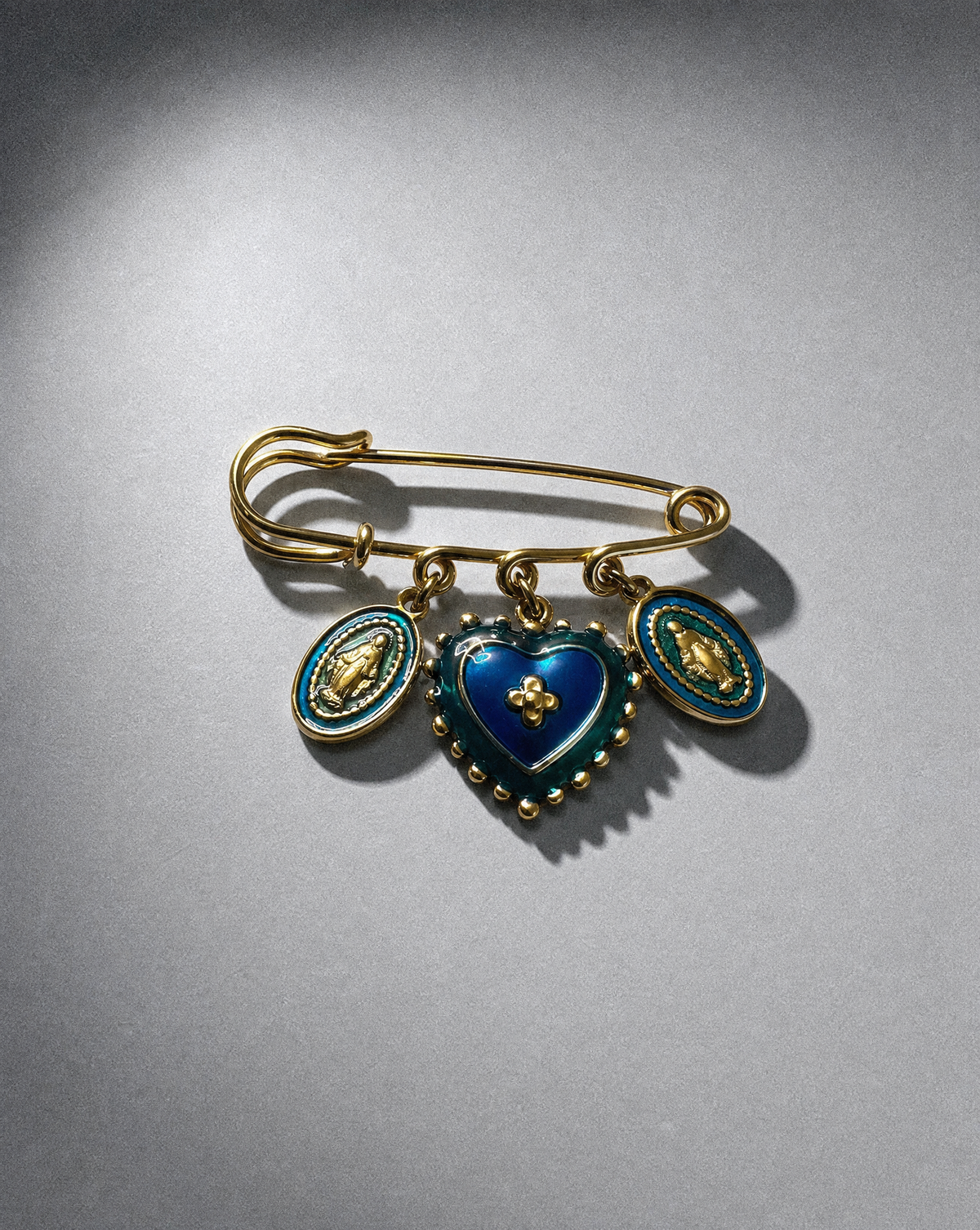 Sacred Heart Triple Charm Safety Pin Brooch