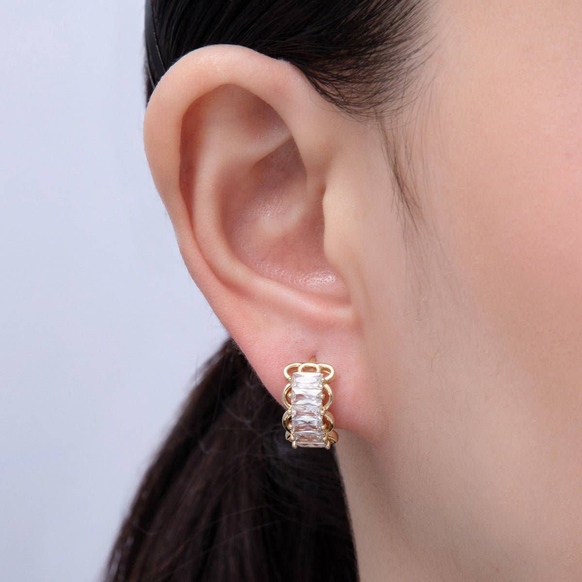 14K Gold Filled 17mm Clear CZ Baguette Rounded Huggie Earrings | EARRINGS
