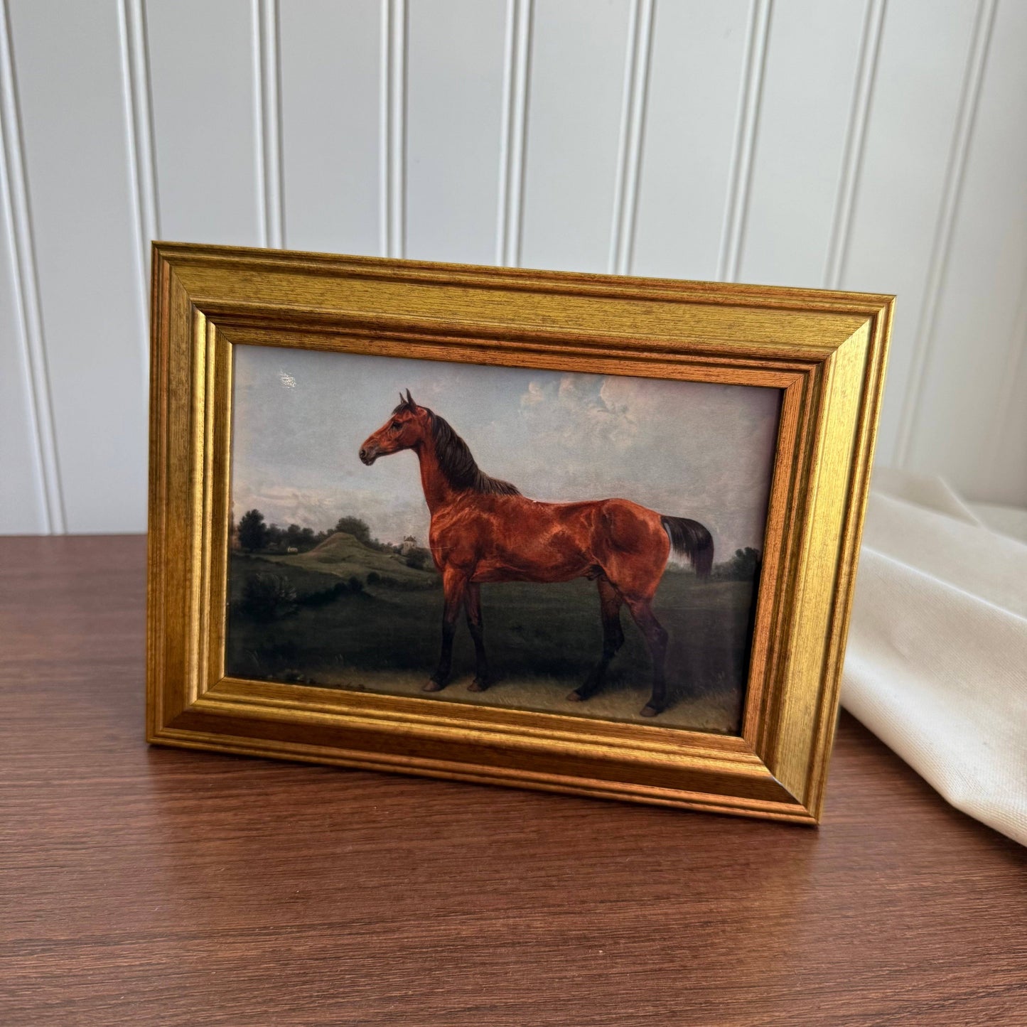 Vintage Style Brown Horse in Landscape Art Print Framed