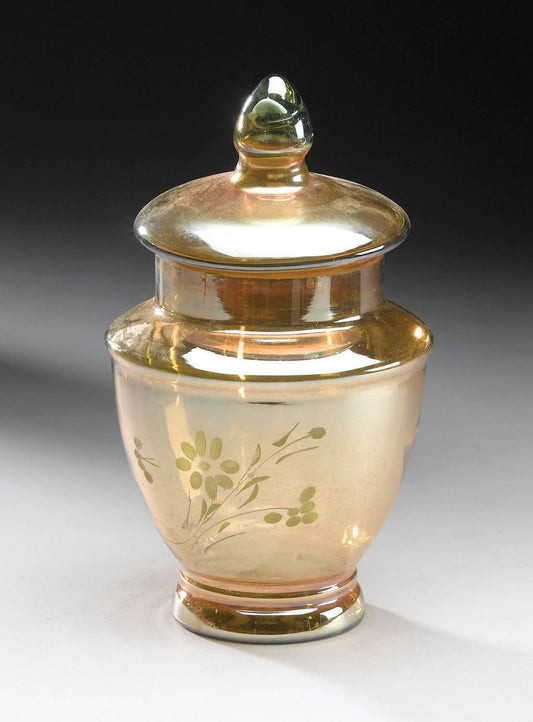 Medium Gold Iridescent Glass Canister w/ Floral Etching