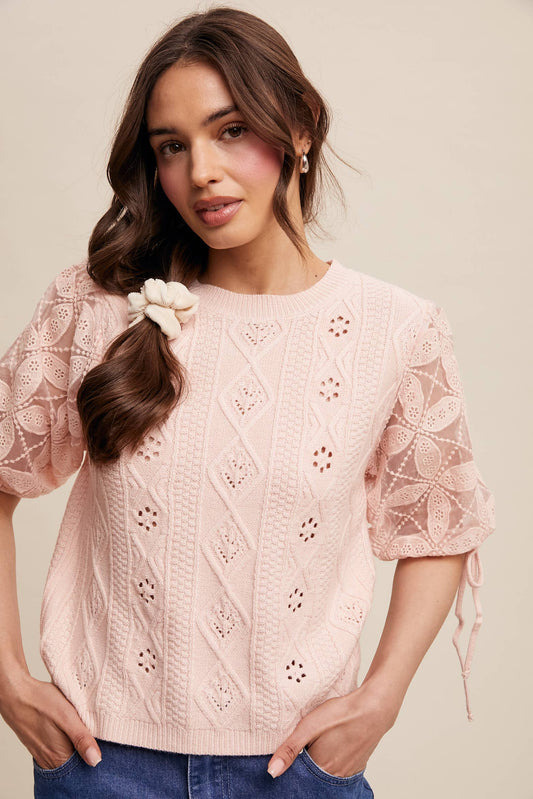Eyelet Puff Sleeve Knit Sweater Top