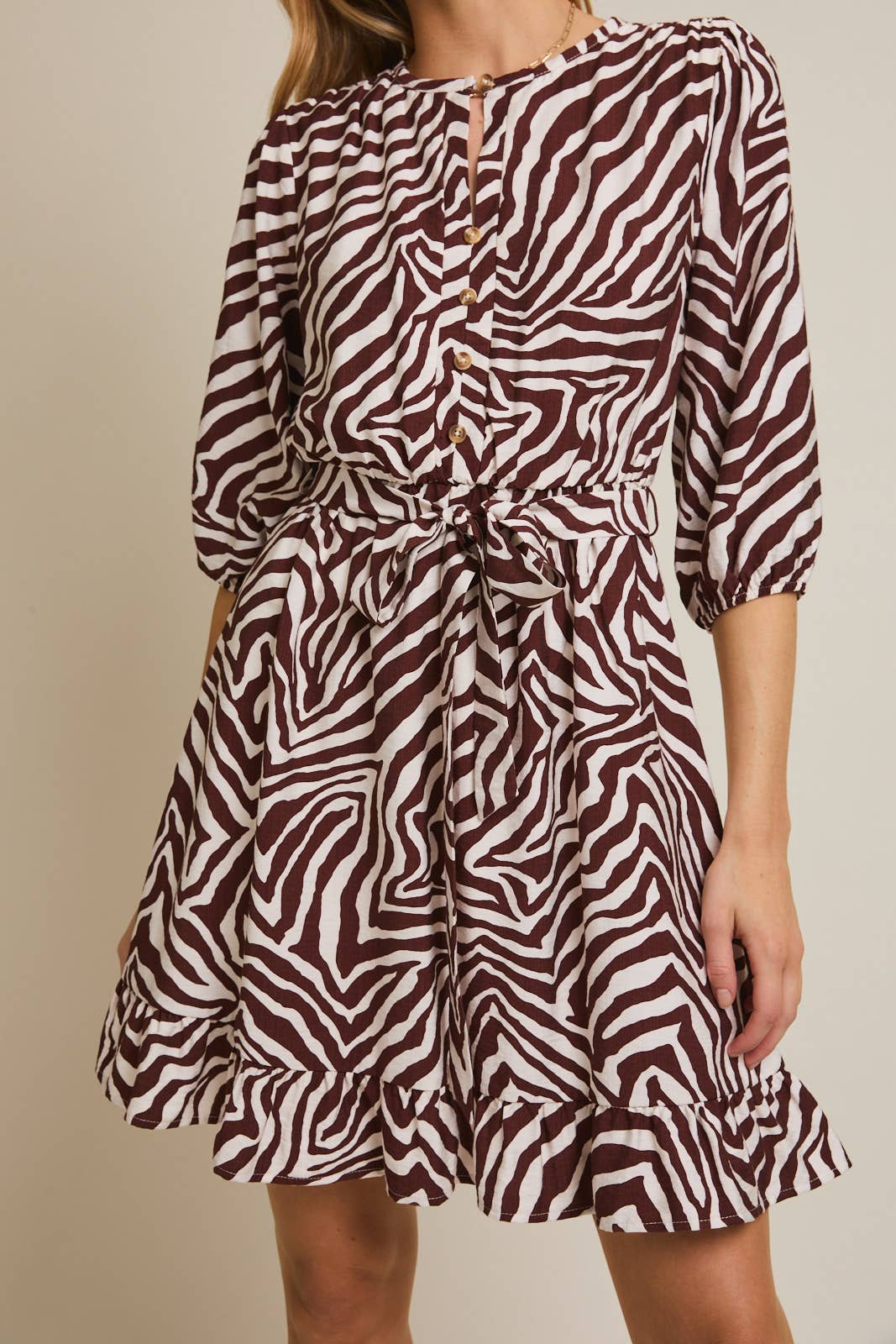 ROUND NECK 3/4 SLEEVE WAIST TIE ZEBRA DRESS