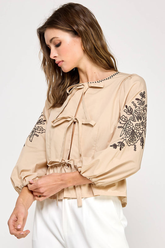 Black 3/4 Sleeve Embroidered Top