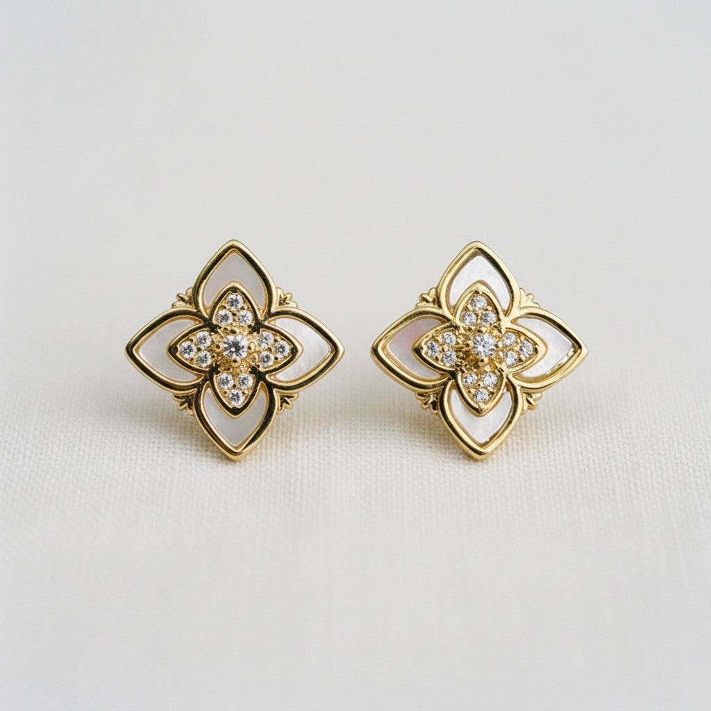 Clover Shell Zircon Stud Earrings