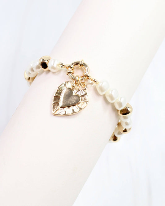 Benji Pearl and Heart Charm Bracelet Gold