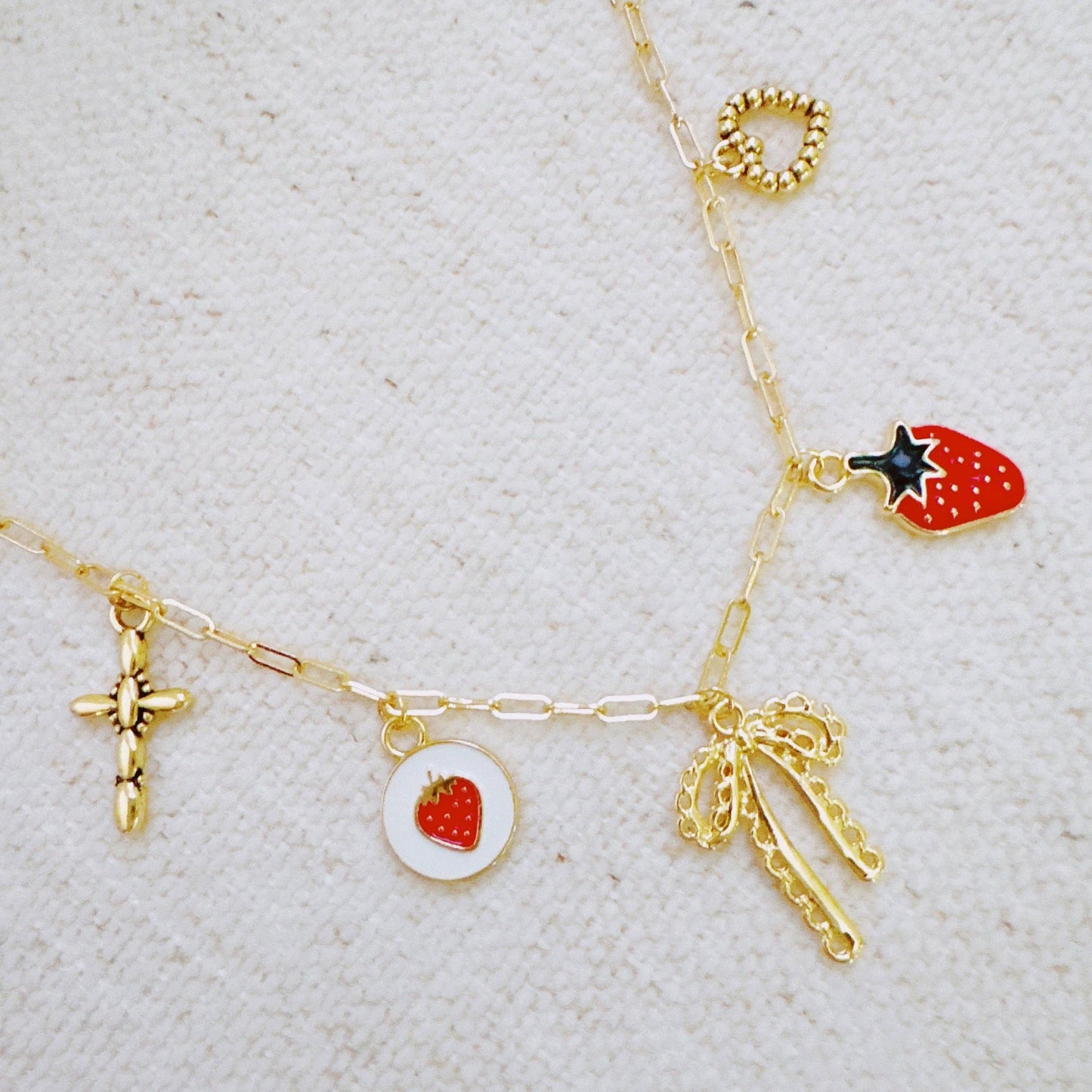 Berry Cute Strawberry Bow Heart Charm Bracelet