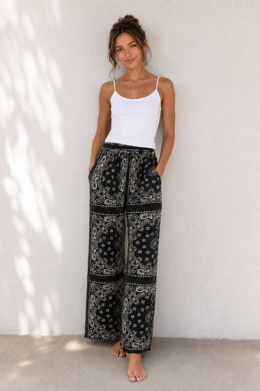Black Paisley Bandana Wide-Leg Pants with Elastic