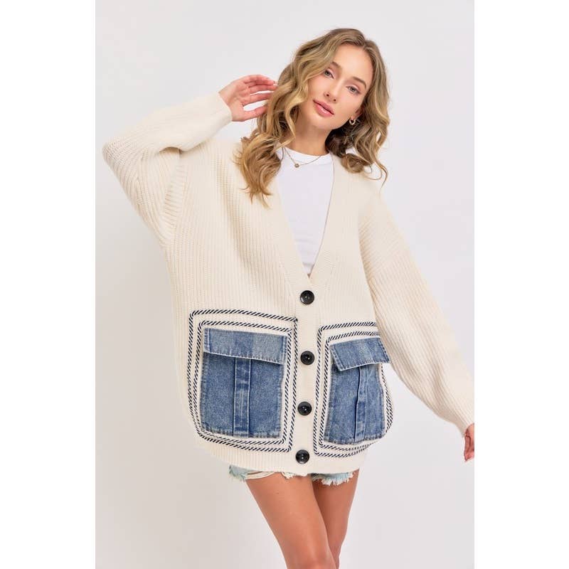 Knit Sweater Cardigan with Denim Pockets