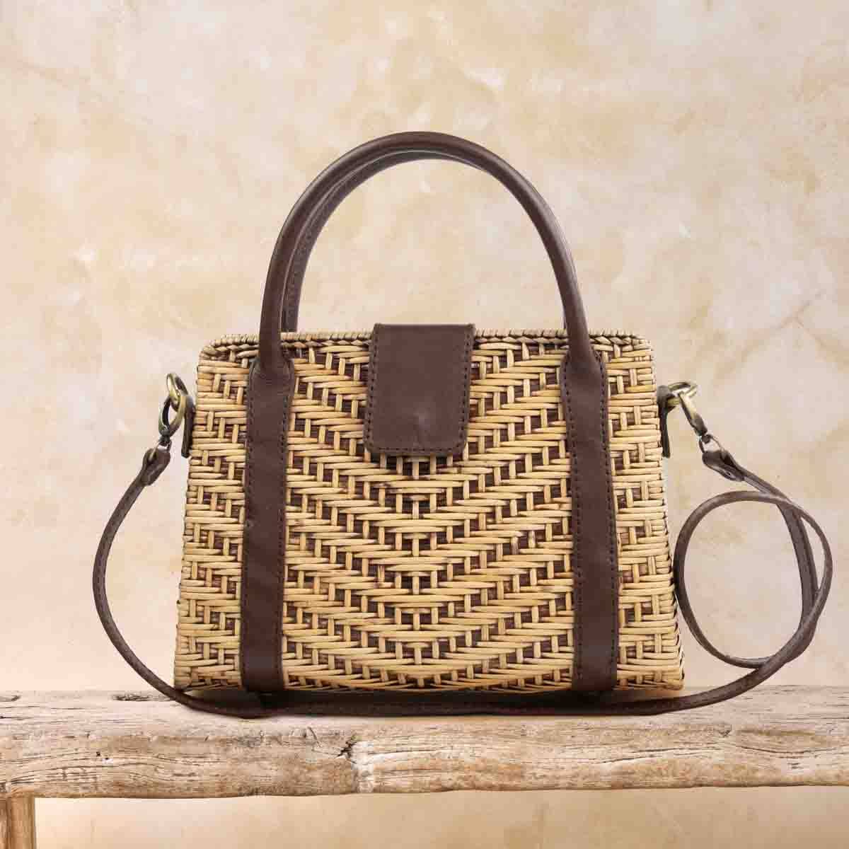 Medium Rattan Handbag with Leather Trim