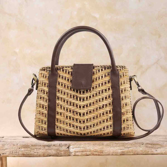 Medium Rattan Handbag with Leather Trim