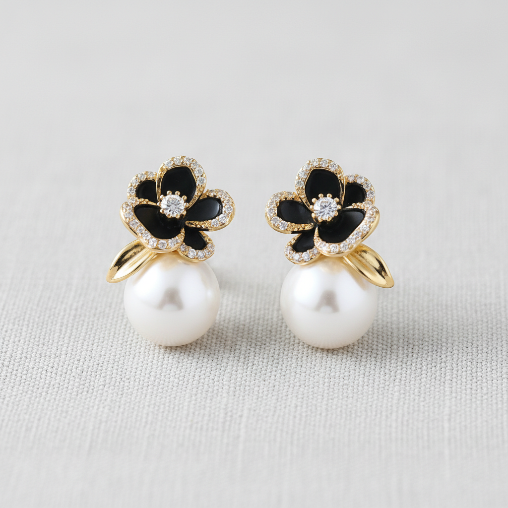 Black Rose Pearl Zircon Earrings