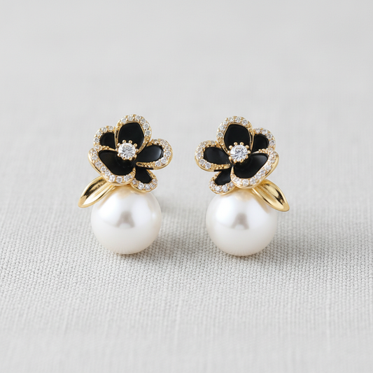Black Rose Pearl Zircon Earrings