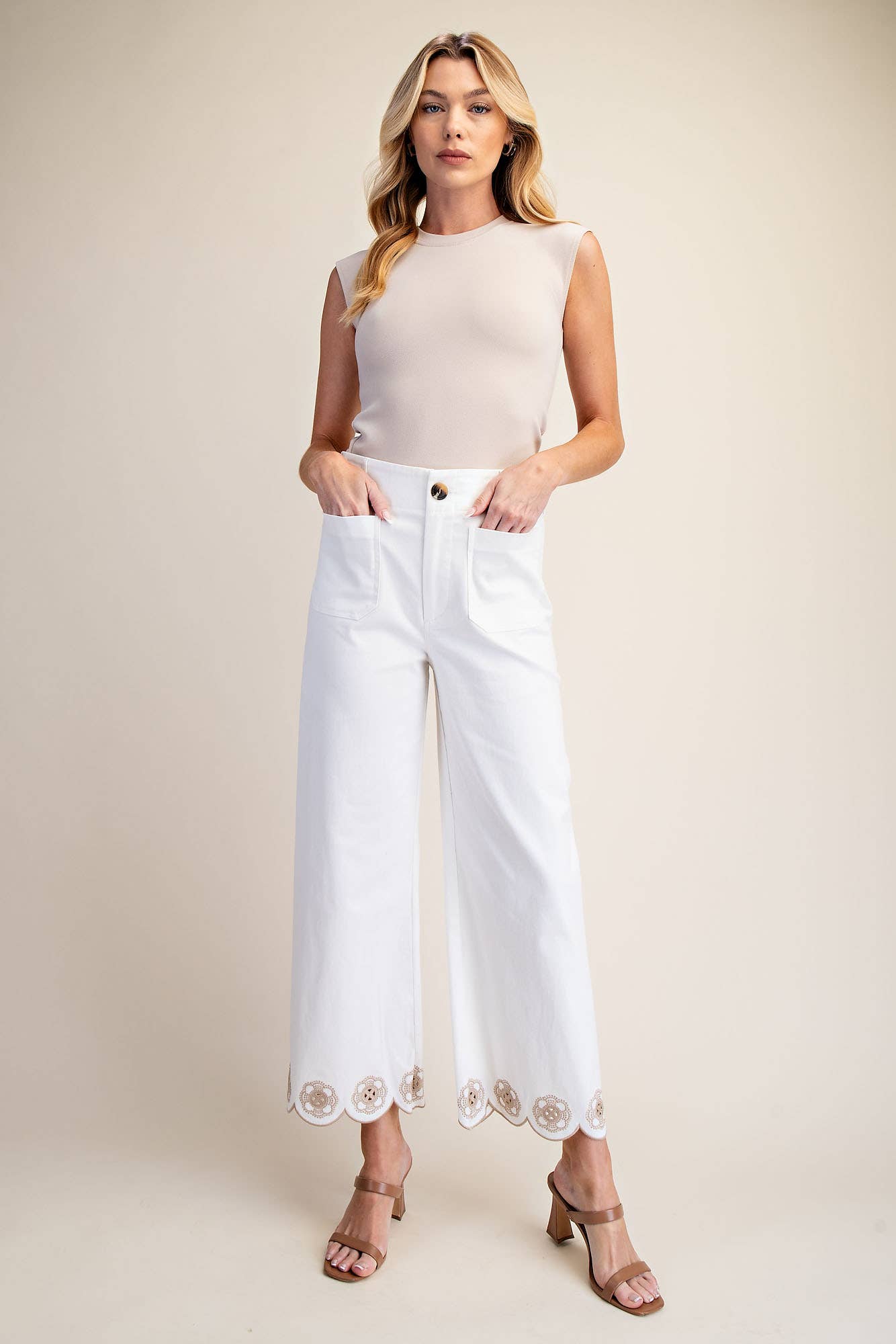 Embroidered Scallop Leg Pants
