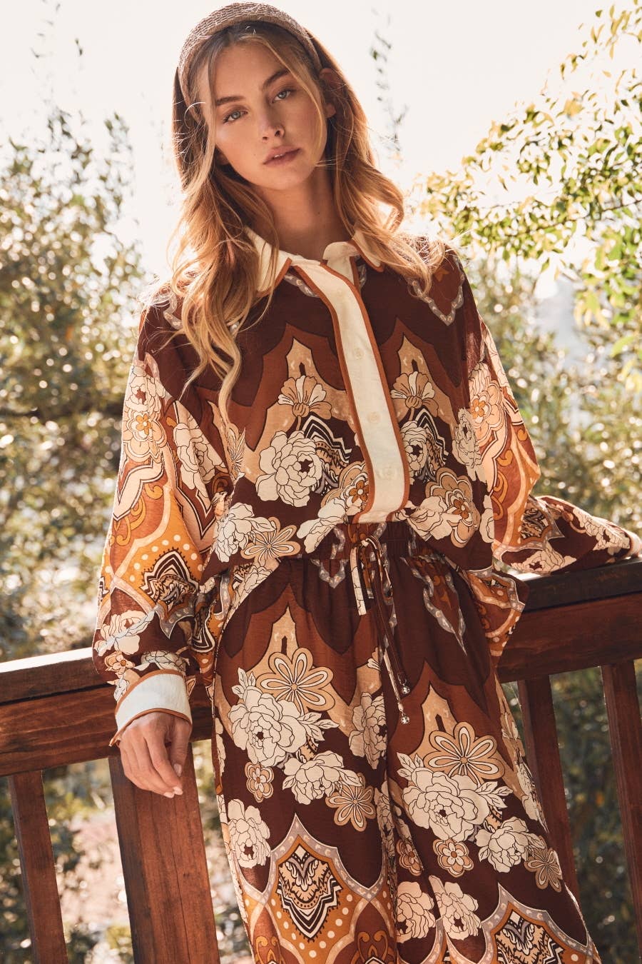 Retro Printed Collared Blouse