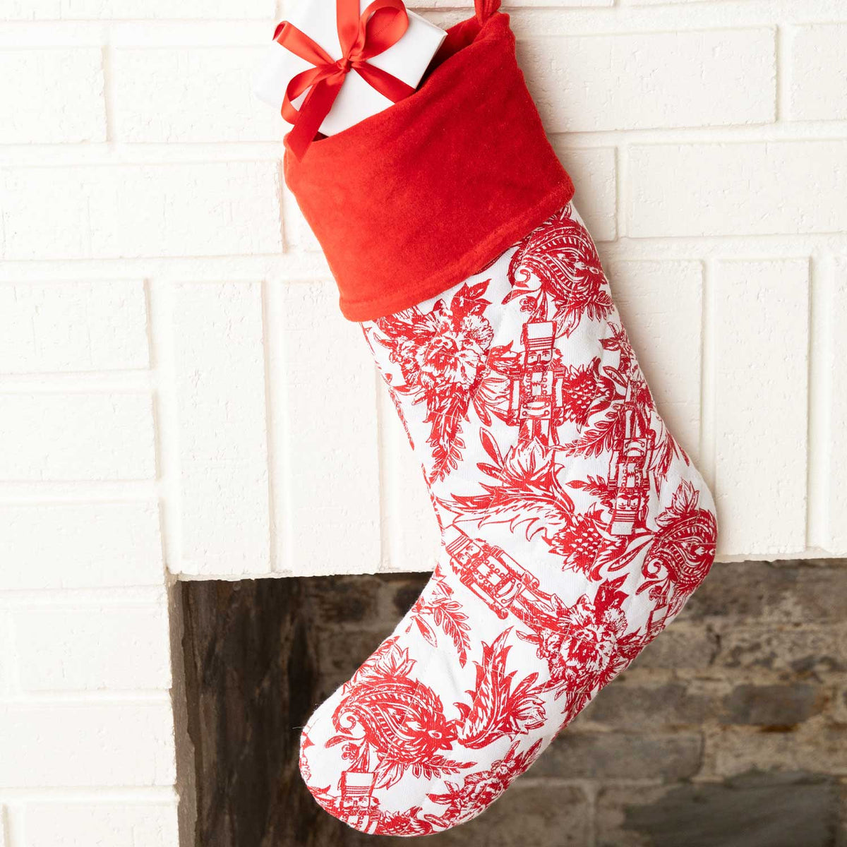 Nutcracker Toile Quilted Cotton Holiday Stocking