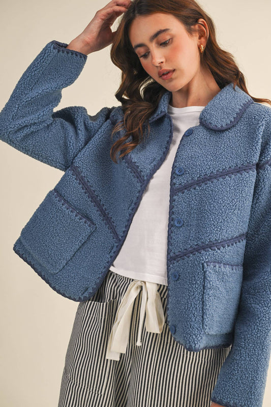 FAUX SHERPA FLEECE JACKET WITH BLANKET STITCH