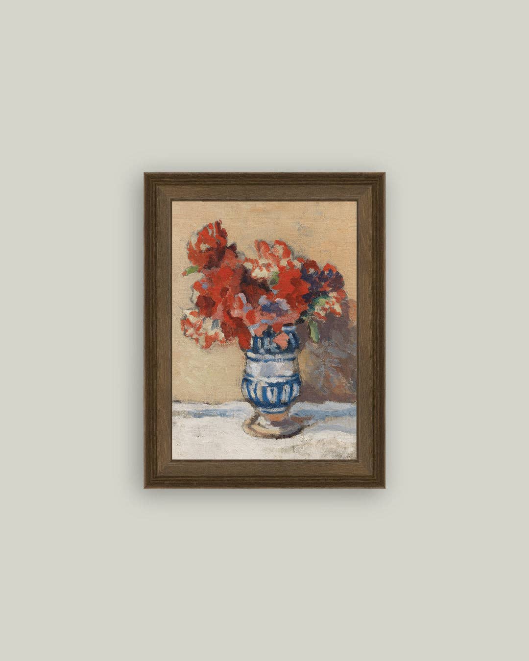 Red Flowers in Blue Vase Framed Antique Art