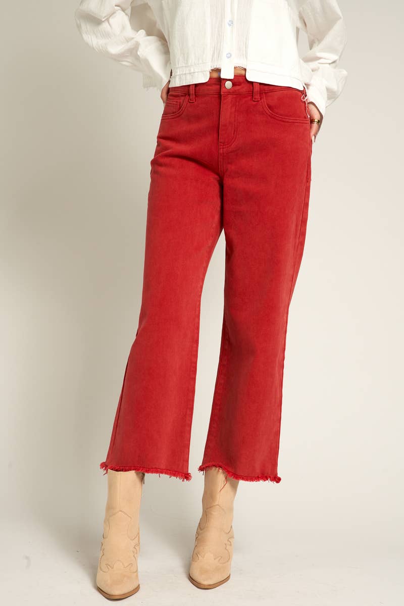 Red Cropped Frayed Hem Jeans