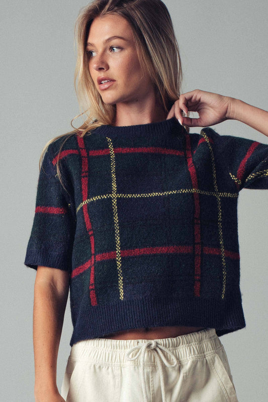 Plaid Short Sleeve Knit Sweater Top