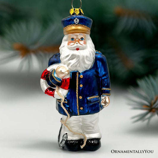Santa the Ship Captain Glass Ornament