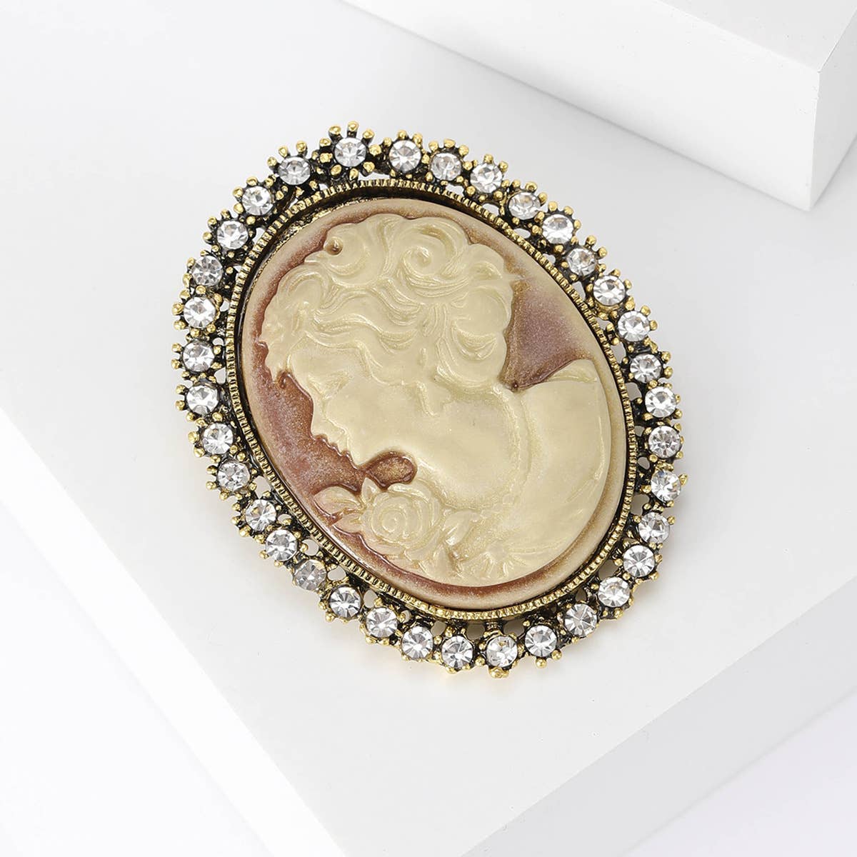 Vintage Relief Beauty Portrait Rhinestone Brooch