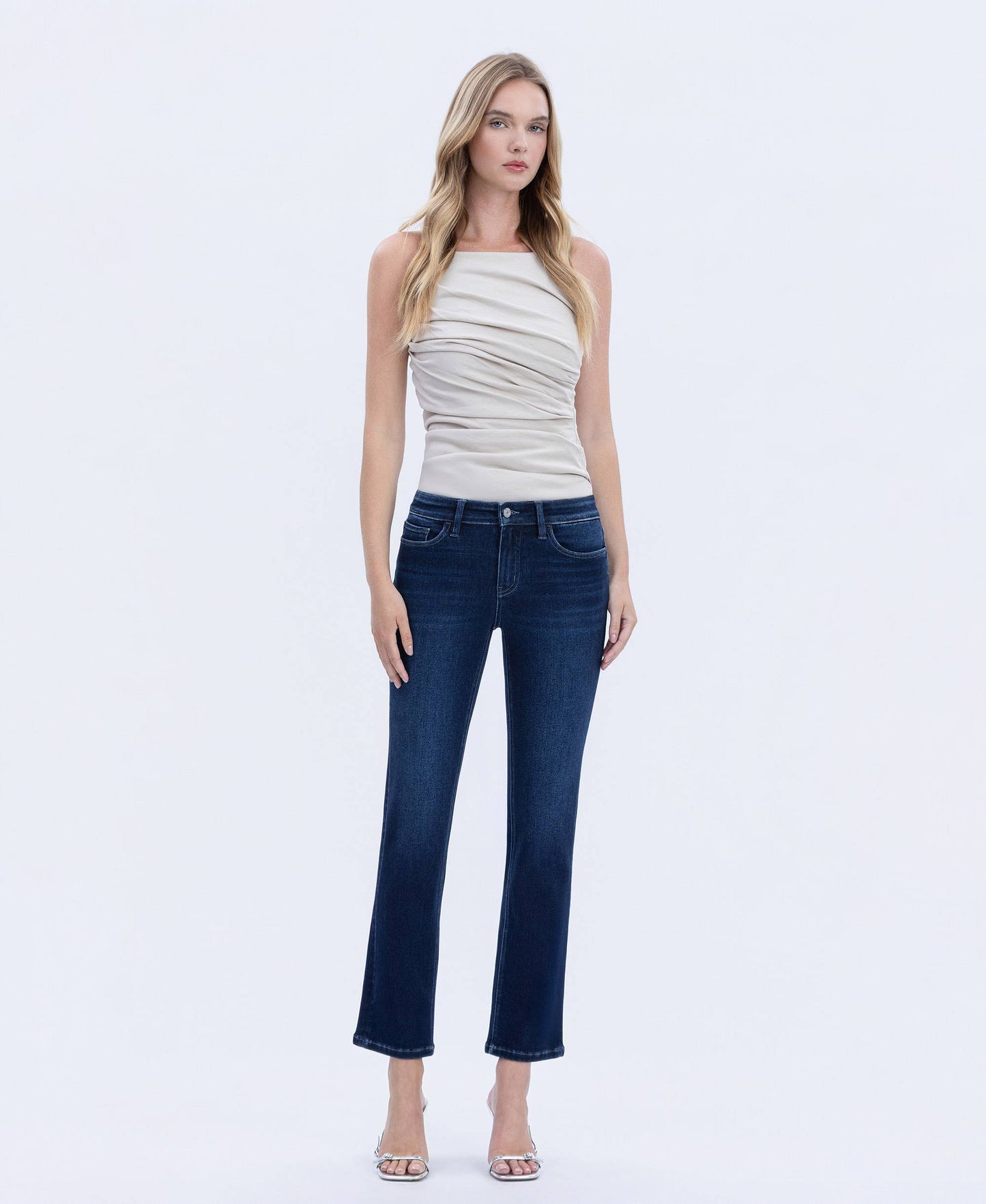 MID RISE DARK WASH ANKLE SLIM STRAIGHT JEANS
