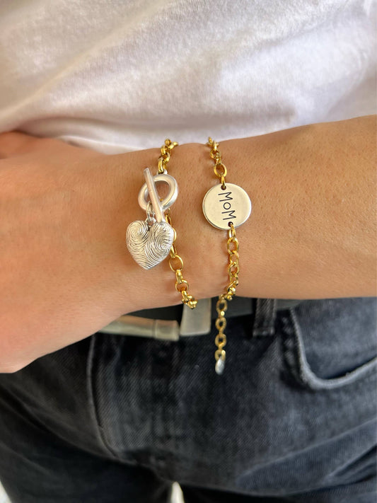 Gold Chain Bracelet with Silver Mom Charm, Heart Bracelet